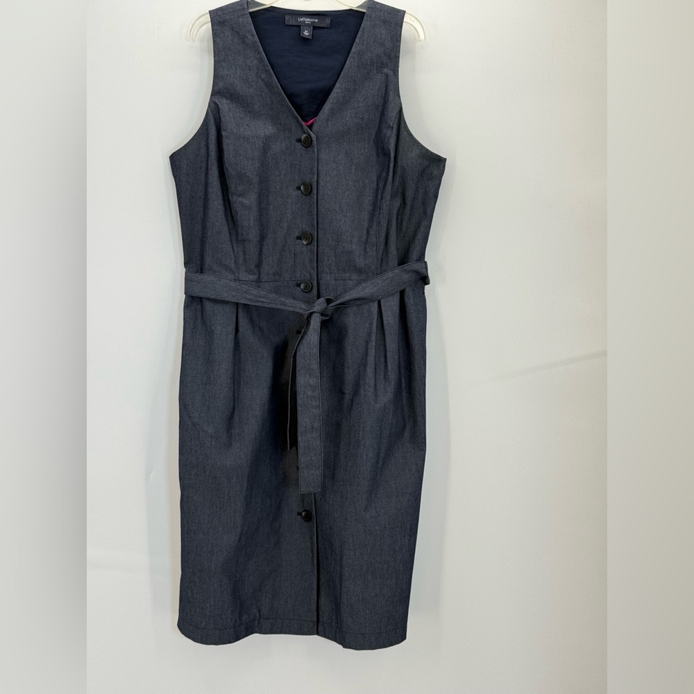 Liz Claiborne Denim Button Front Belted Midi Dress Sleeveless V-Neck Blue Casual - Picture 9 of 13